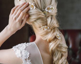 Bridal Hair Pins, Set of 5 Wedding Hair Pin, Wedding Flower Hair Pins, Bridal Hair Accessory, Wedding Hairpiece,Gold Leaf Hair Pin Woodland