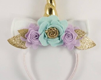 Gold and Lilac Unicorn Floral Crown - Unicorn Horn and Ears Headband - Unicorn Headband