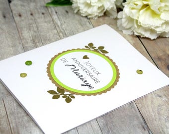 Handmade French Happy Anniversary Card - Anniversary Card in French - Anniversaire de Mariage Card - Hand stamped green gold embossed card