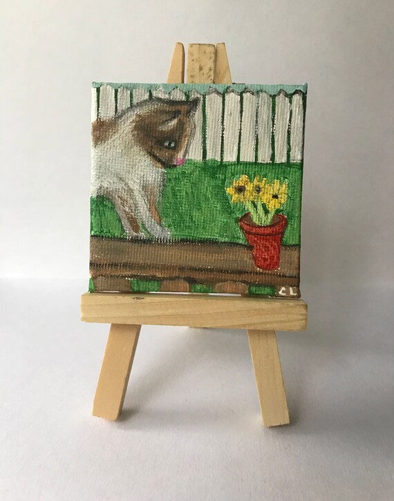 Items similar to Garden Cat Mini Canvas Painting on Etsy