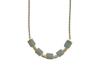 Gray Blue Sea Glass Necklace, Jewelry Gift for Girlfriend, Bohemian Sea Glass Jewelry, Minimal Boho Beaded Necklace, Blue and Gold Jewelry