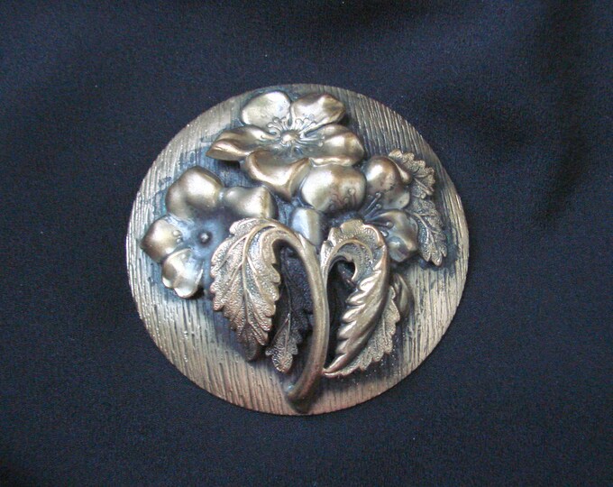 Large Art Nouveau Floral Repousse Bronzed Brooch / Vintage Jewelry / Jewellery