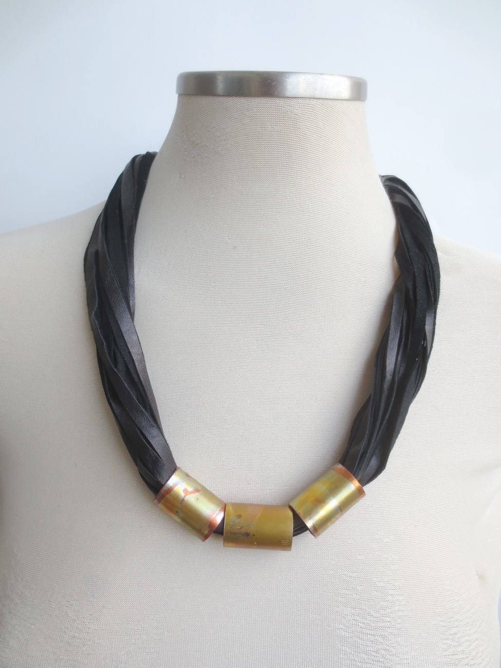 Black Leather Cord Necklace Statement Necklace Copper Spacers