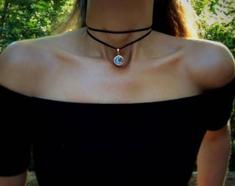 Crescent Moon Choker Necklace -Bismuth Crystal Jewelry -Custom -Beach Jewelry -Moon Necklace -Copper Pendant -Boho Choker -Leather Choker