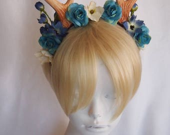 4" Antlers Headband with Blue and Teal Roses / Woodland Fawn Cosplay / Deer Costume / Ready to Ship