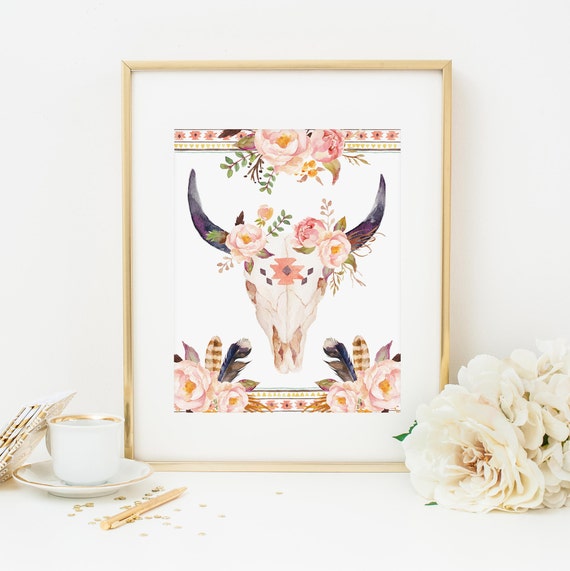 Bohemian Bull Skull Printable Boho Chic Bull Head Tribal