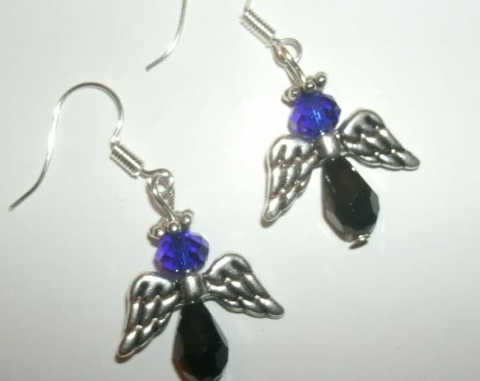 Crystal Angel Earrings - Sapphire Swarovski Crystal beaded Angels, handmade earrings, silver wings and silver halo, deep blue color, Angels