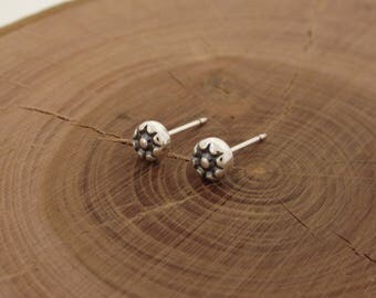 New Size - Sunburst Sterling Silver Stud Earrings, Small Stud Sun Earrings, Second Hole Earrings, Oxidized Silver Post Earrings Studs 4mm