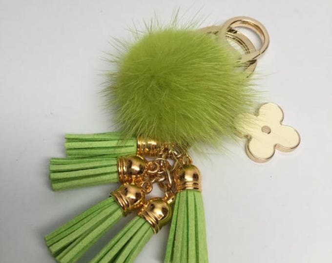 Cute Genuine Mink Fur Pom Pom Keychain with suede tassels and flower charm in Neon Green