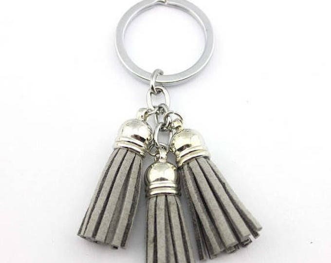 Light grey Tassel keychain, clip on tassel, clip on bag charm, tassel charm with lobster clasp, swivel tassel keychain 3 piece tassel fringe
