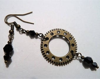 Bronze cogs and black crystals elegant asymmetric steampunk earrings