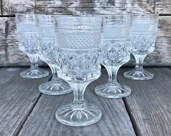 Anchor Hocking Wexford Claret Wine Glasses Clear Pressed Glass Stemware SET of 6 Glasses