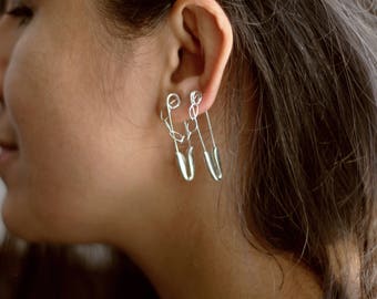 Futuristic Safety Pin / Sterling Silver / Two Safety Pins One Chain / Safety Pin / Rocker Style / Price for Pair