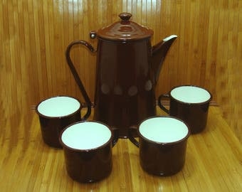 Vintage enamelware coffee set - old enamel ware coffee pot and cups-old brown white enamelware-old west-vintage western-chuckwagon coffee