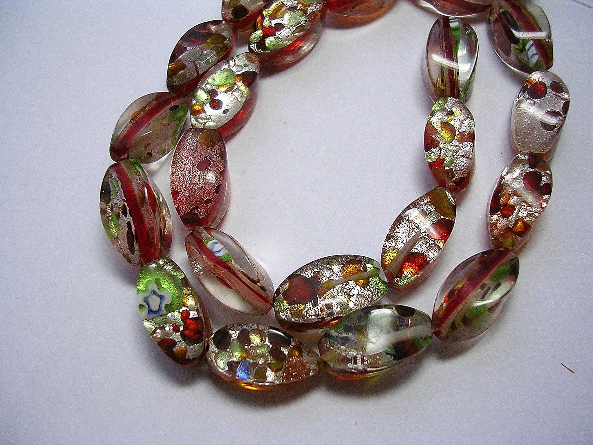 Red Foiled Oval Beads Millefiori Multi Color Oval 10mm X 15mm beads 24