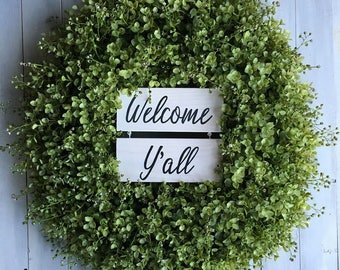 Wreath with Welcome Yall Wooden Door Hanger - Simply Southern Wreaths - Year Round Wreath - Summer Wreaths