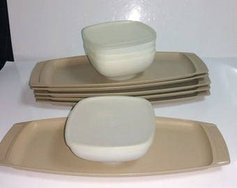 12 Pc Vintage Tupperware Serve-Ette Chip Dip/Relish/Snack Tray #771 Lot 6 Beige Trays #771, 4 White Bowls #770, and 2 Sheer Lids/Seals #772