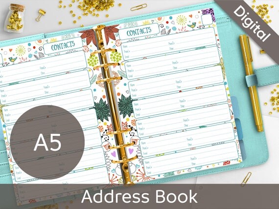 A5 Address Book Pages Printable Contact Sheets Filofax A5