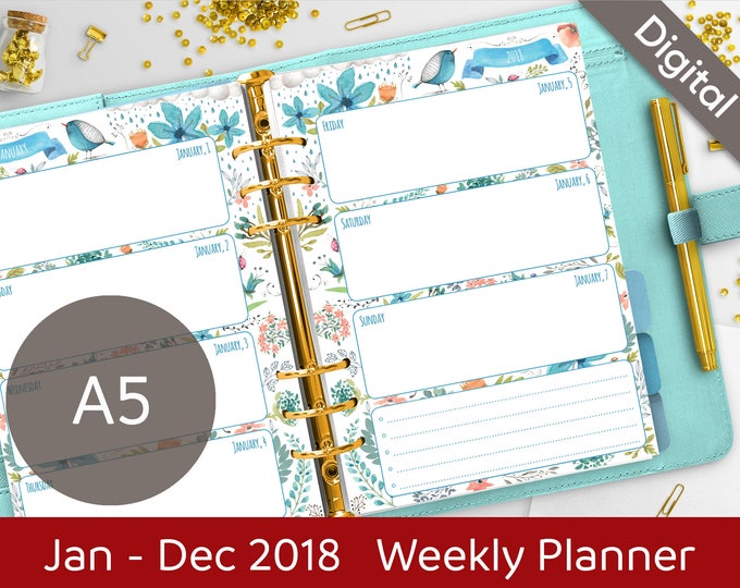 A5 2018 Weekly Planner Printable, Wo2P Printable Refills, Filofax A5 Inserts, Dated planner, Arinne Blue Bird, PDF Instant Download