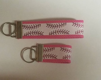 Pink Foil Softball Lace on White Keyfob Keychain Wristlet
