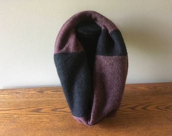 Upcycled cashmere double loop infinity scarf #62. Burgundy and black felted cashmere infinity scarf.
