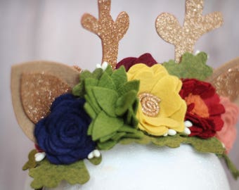 Whimsical Fawn Headband//Fall//feltheadbands//fantasy//flowercrown//Felt flowers//fawflowers