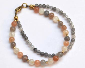 Mixed Moonstone Bracelet, Smokey Quartz Bracelet, Boho Bracelet, Gemstone Bracelet, Beaded Bracelet