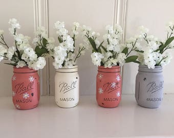 Four Painted and Distressed Mason Jars Floral Arrangement Table Centerpiece Wedding Decor Shabby Chic Decor Beach Decor Country Wedding