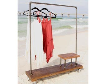 Clothing rack with stand, garment rack, clothes rack, industrial, rack, furniture, coat rack, storage, pipe rack, clothing storage, vintage