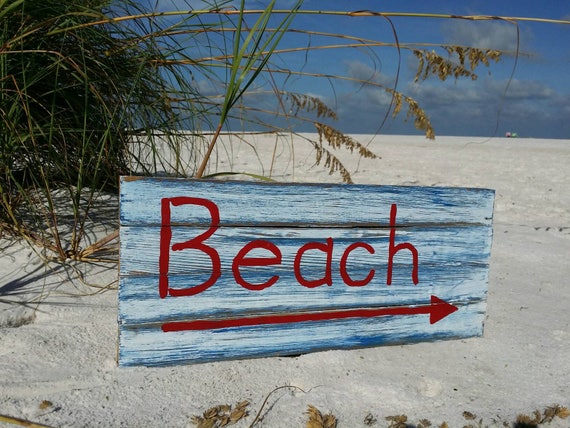Beach sign painted on wood.
