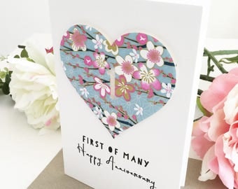 1st Anniversary Card, One Year Anniversary, Paper Anniversary, First of Many Happy Anniversary Gift for Couple Wife Husband Floral Sakura