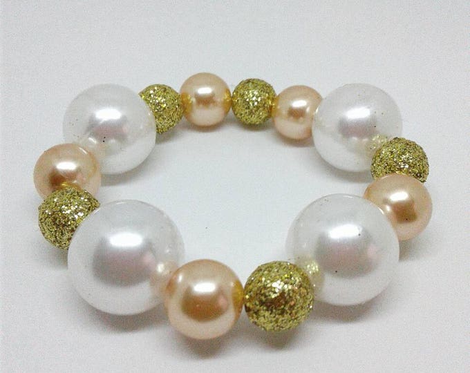 Chunky Pearl White Bead and Glitter Gold and Champagne Bead Bracelet.