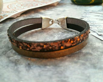 glittery gold and Brown Leather Bracelet