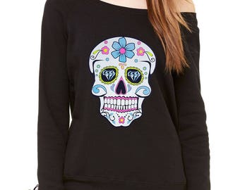 Sugar Skull White Print Dia De Los Muertos Slouchy Off Shoulder Oversized Sweatshirt