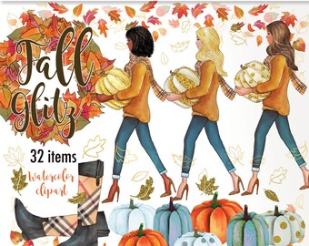 Fall clipart glitter pumpkins planner girl Autumn clipart African American Fashion Illustration leaves clipart watercolor printable henry