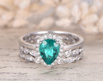 emerald wedding ring set 14k white gold 3pcs rings set 6x8mm pear cut emerald engagement ring - Emerald Wedding Rings emerald wedding ring set 14k white gold 3pcs rings set 6x8mm pear cut emerald engagement ring - Emerald Wedding Rings