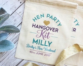 Hen Party kit gift bag. Personalised cotton gift bag for your hen party. Fun mermaid colours survival kit bag. Bachelorette bag.