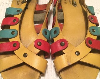 Vintage 1970s Wedge Sandals Tri Color Leather Strap Slingbacks by FOOTNIKS Brazil Hippie Boho Mod Festival Shoes