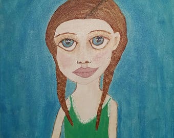 Saturday Evening Girl Series- Girl # 3 OOAK Original Folk Art Painting 12" x 12", Framed and Ready to Hang