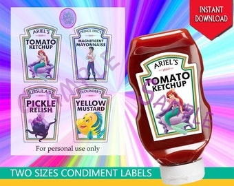 The Little Mermaid - Ariel, Prince Eric, Ursula, and Flounder - Heinz Condiment Labels - Disney - Birthday Party