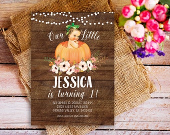 Fall Rustic Pumpkin Birthday invitation, Girl Pumpkin First Birthday Invitation, our little pumpkin is turning one, fall pumpkin birthday