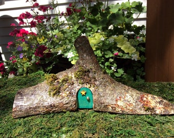 Mini Pixie Woodland Fairy House with Turquoise Front Door and Basement Suite