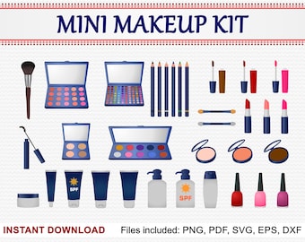 Mini Makeup Clipart, Set of 34 Commercial Use Clipart, Lotion, Lipstick, Compact, Mascara, Nail Polish, Blusher, pdf png eps dxf svg files