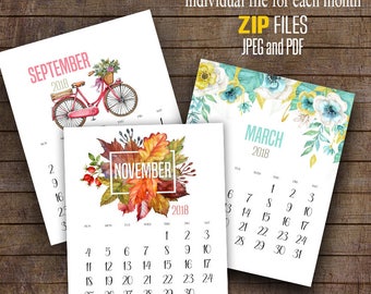 2017 and 2018 Printable Calendar, wall calendar, Printable Monthly Calendar, 8” x 10” each file ~ C110