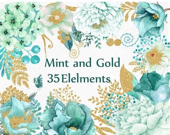 ON SALE 30% Gold Mint flowers clipart: "WATERCOLOR Flowers" Wedding flowers Gold glitter floral Teal flowers Turquoise Flowers Diy wedding G