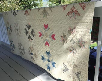 Shabby Hand Quilted Quilt, Tattered Double Bed Sized Cotton Quilt