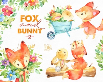 Fox and Bunny 2. Friends and Flowers, watercolor, animal clipart, cute, woodland, forest, stars, floral, babyshower, kids, bouquets, fxbn
