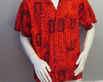 Vintage Hawaiian Aloha Shirt - Tiki Print with Gold Outline - Men's Large