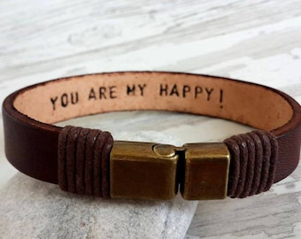 Personalized Leather Men Bracelet, Bronze Clasp Bracelet, Women Men Bracelet, Hidden Message Bracelet Secret Word, Engraved Leather Bracelet