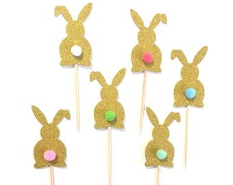 12 pcs Bunny Pompom Tail Cupcake Topper Gold Glitter for Birthday Baby Shower Baby Girl Boy Some Bunny is One theme